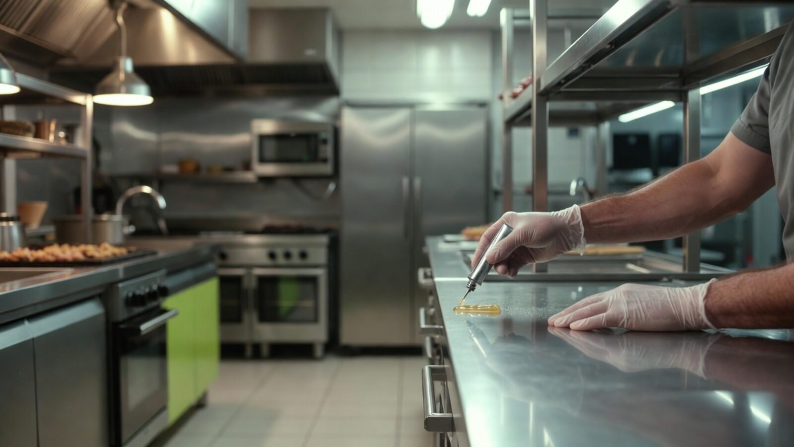 Traitement gel anti-cafards appliqué dans une cuisine professionnelle en inox